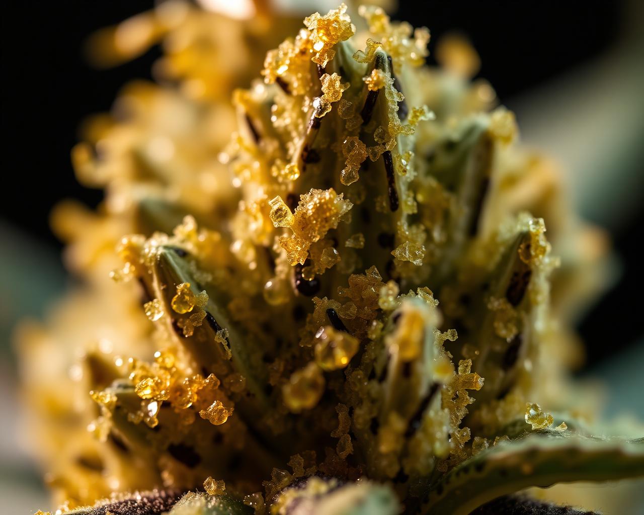 Macro detail of trichome-rich cannabis